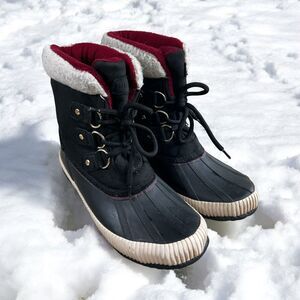 Tommy Hilfiger Black Twebonie Duck Boots Women’s Sz 7M Leather Faux Fur Winter